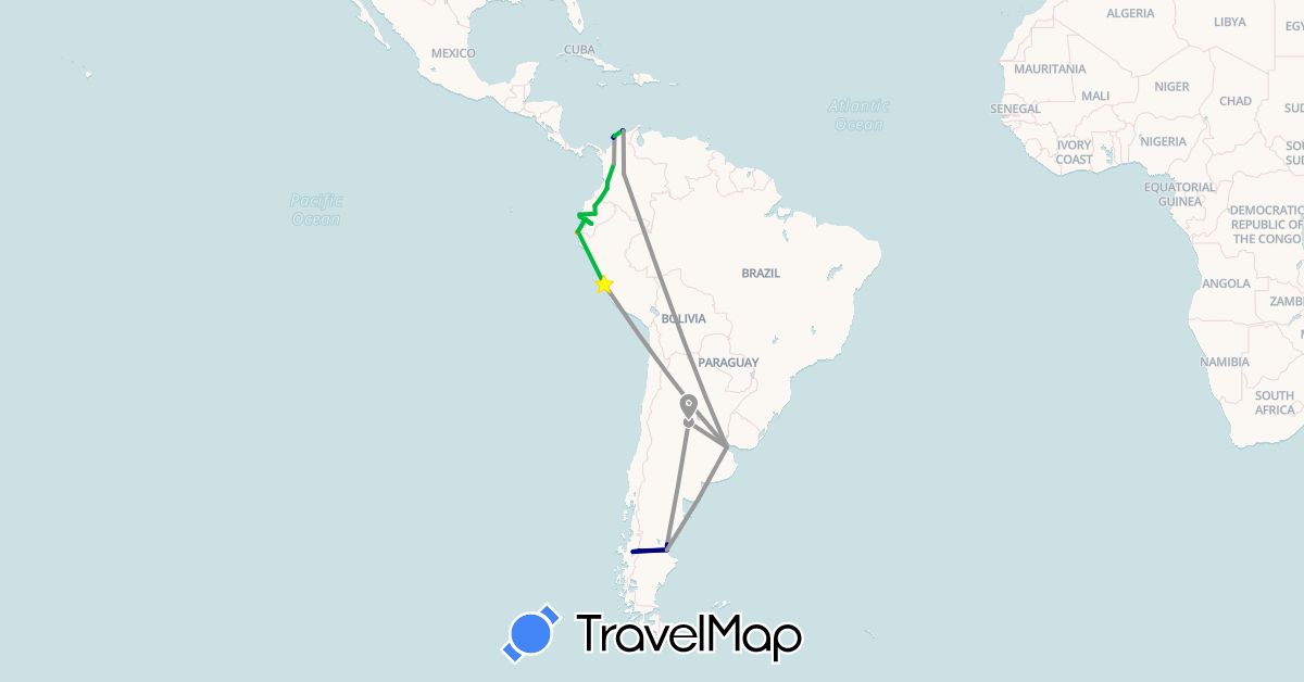 TravelMap itinerary: driving, bus, plane, hitchhiking in Argentina, Chile, Colombia, Ecuador, Peru (South America)